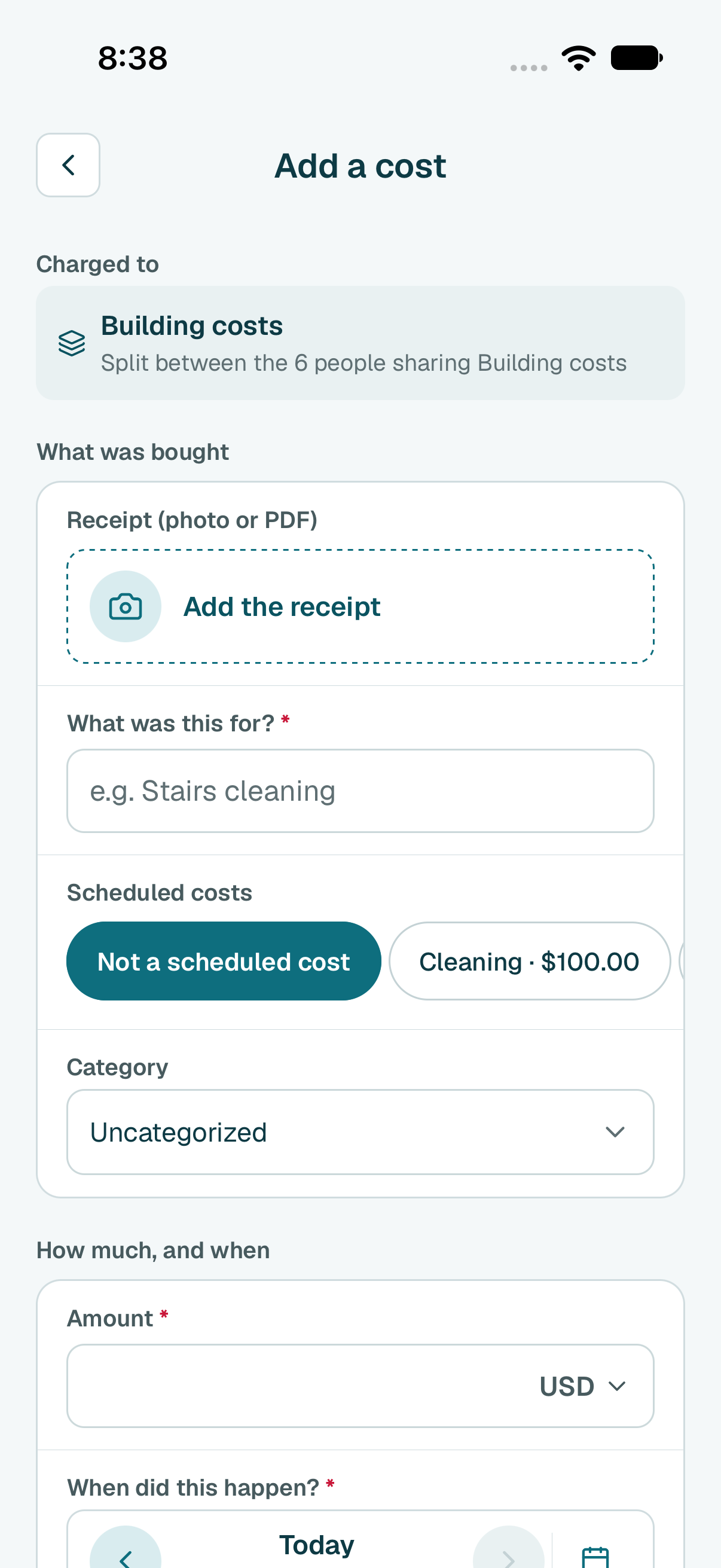 To keep the receipt, tap Add the receipt, then Take photo, Choose photo or Choose a PDF file. The app may fill in the details from it.