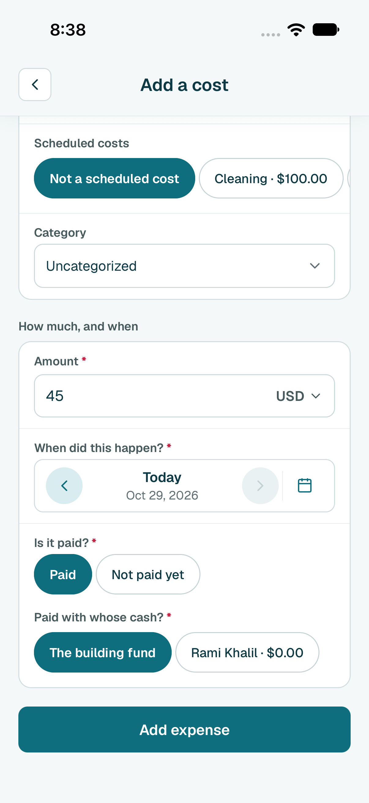 Under Is it paid?, leave Paid. Then tap Add expense.