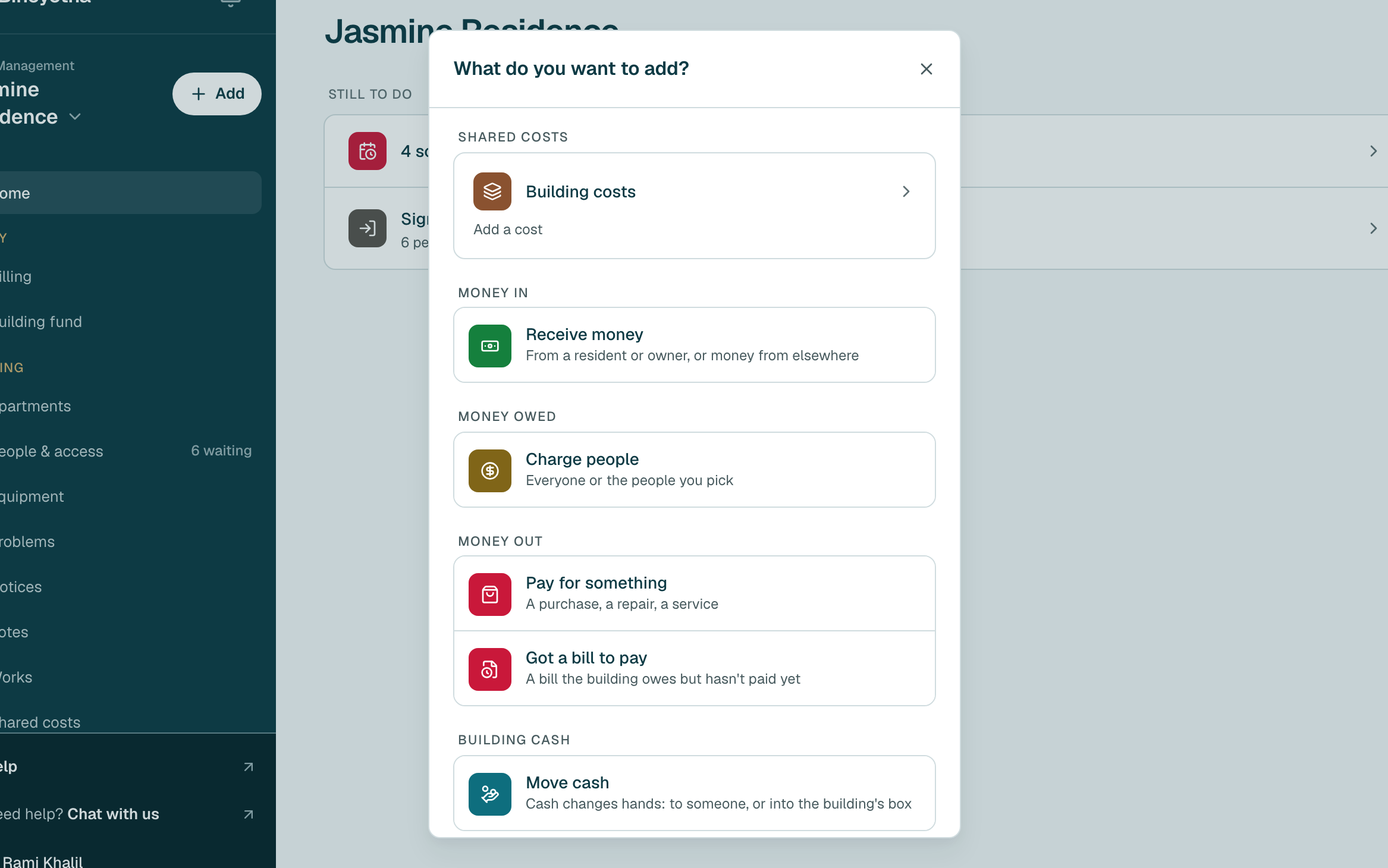 Under Shared costs, click Building costs · add a cost.
