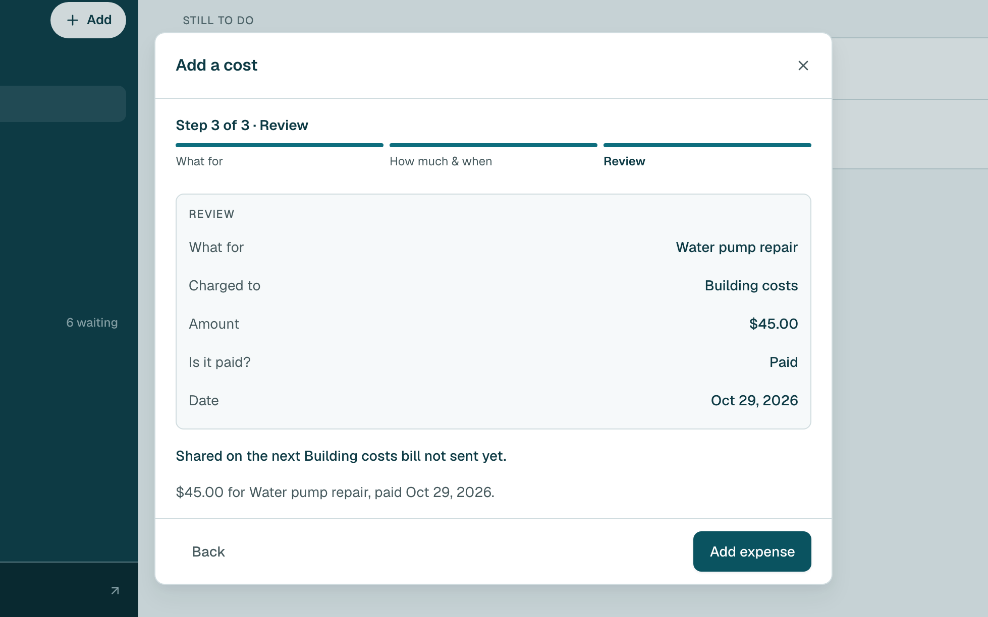 Check the details, then click Add expense.