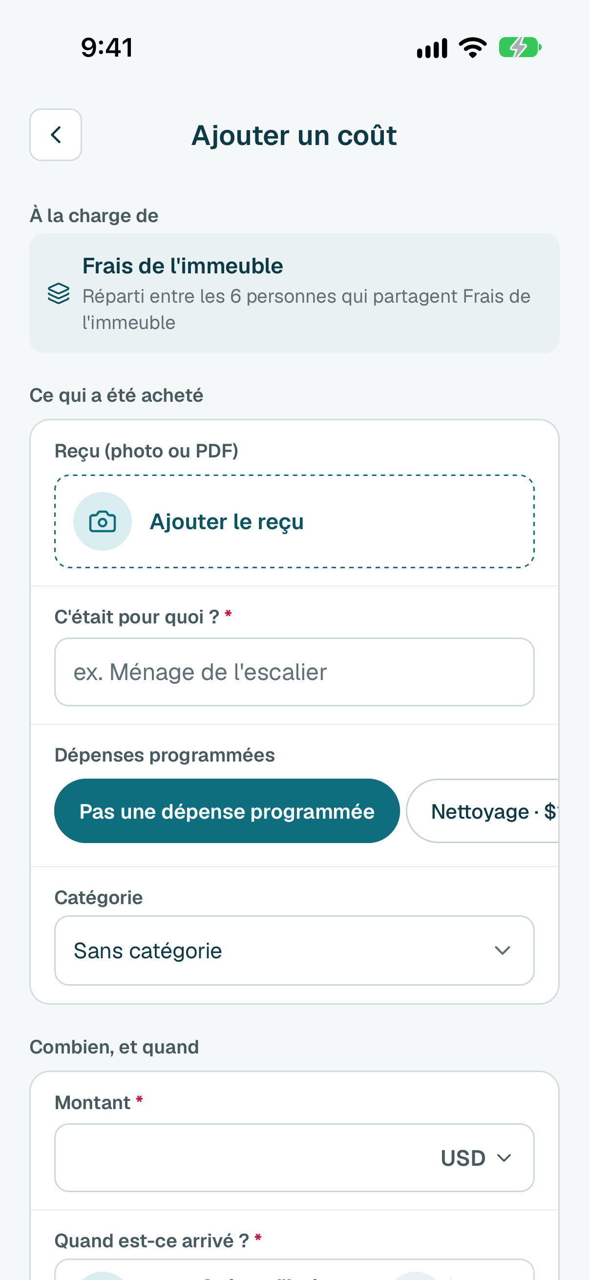 Pour garder le reçu, touchez Ajouter le reçu, puis Prendre une photo, Choisir une photo ou Choisir un fichier PDF. L'application peut remplir les détails à partir du reçu.