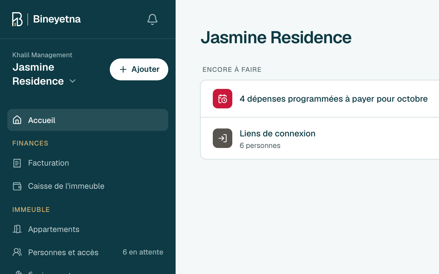 Cliquez sur Ajouter, à côté du nom de votre immeuble dans le menu latéral.