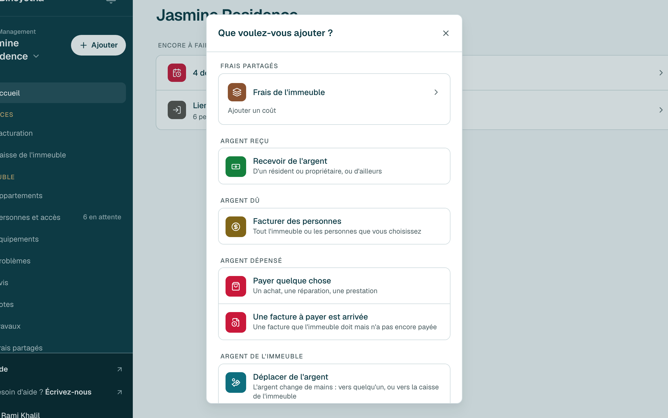 Sous Frais partagés, cliquez sur Frais de l'immeuble · ajouter un coût.