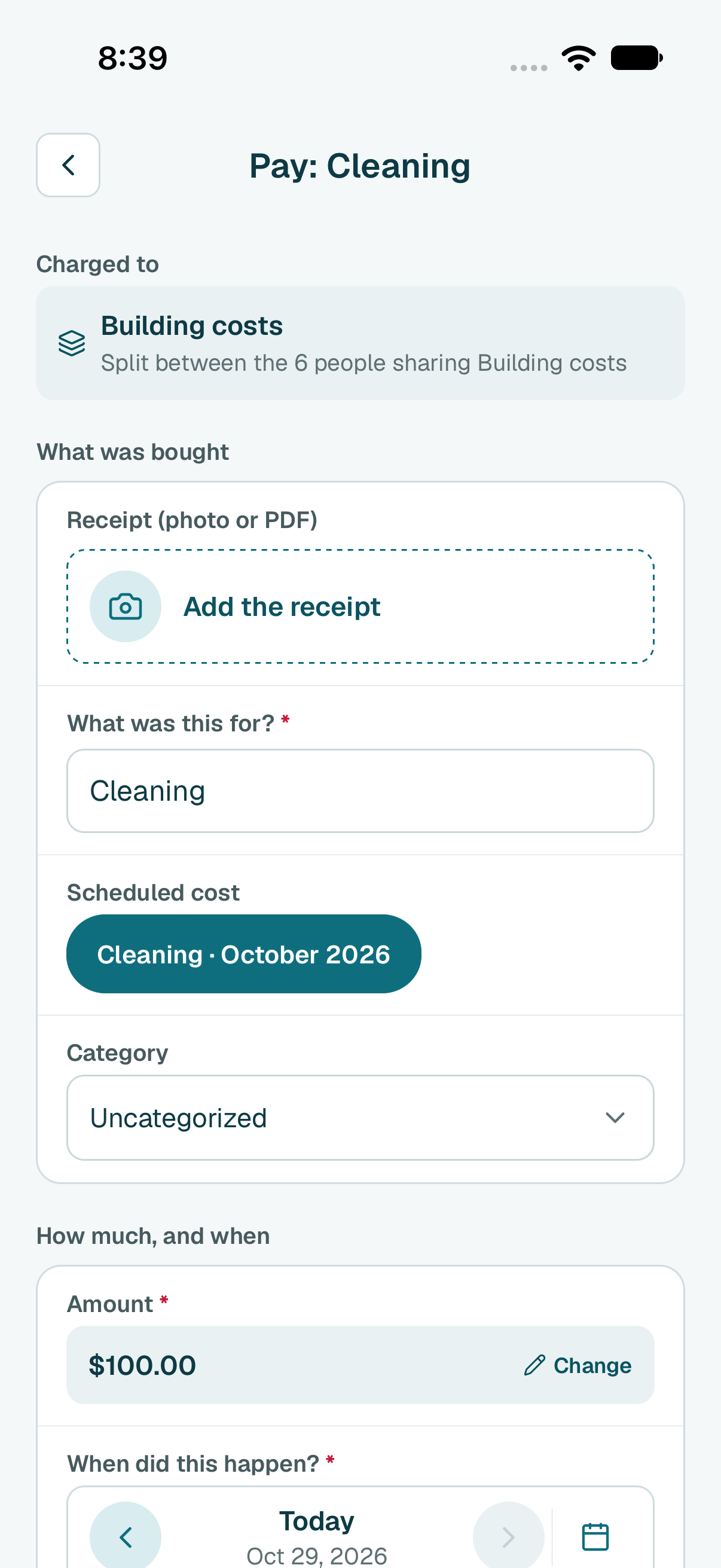The form is filled in for you, and the cost is already charged to Building costs.