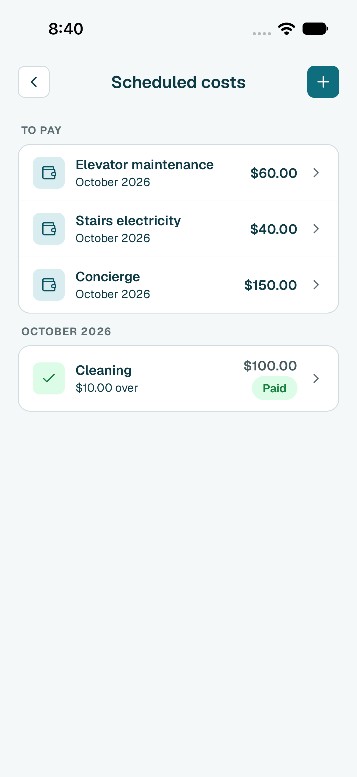 Done. The cost leaves To pay and moves under this month, marked as paid. If you paid more or less than usual, it shows by how much.
