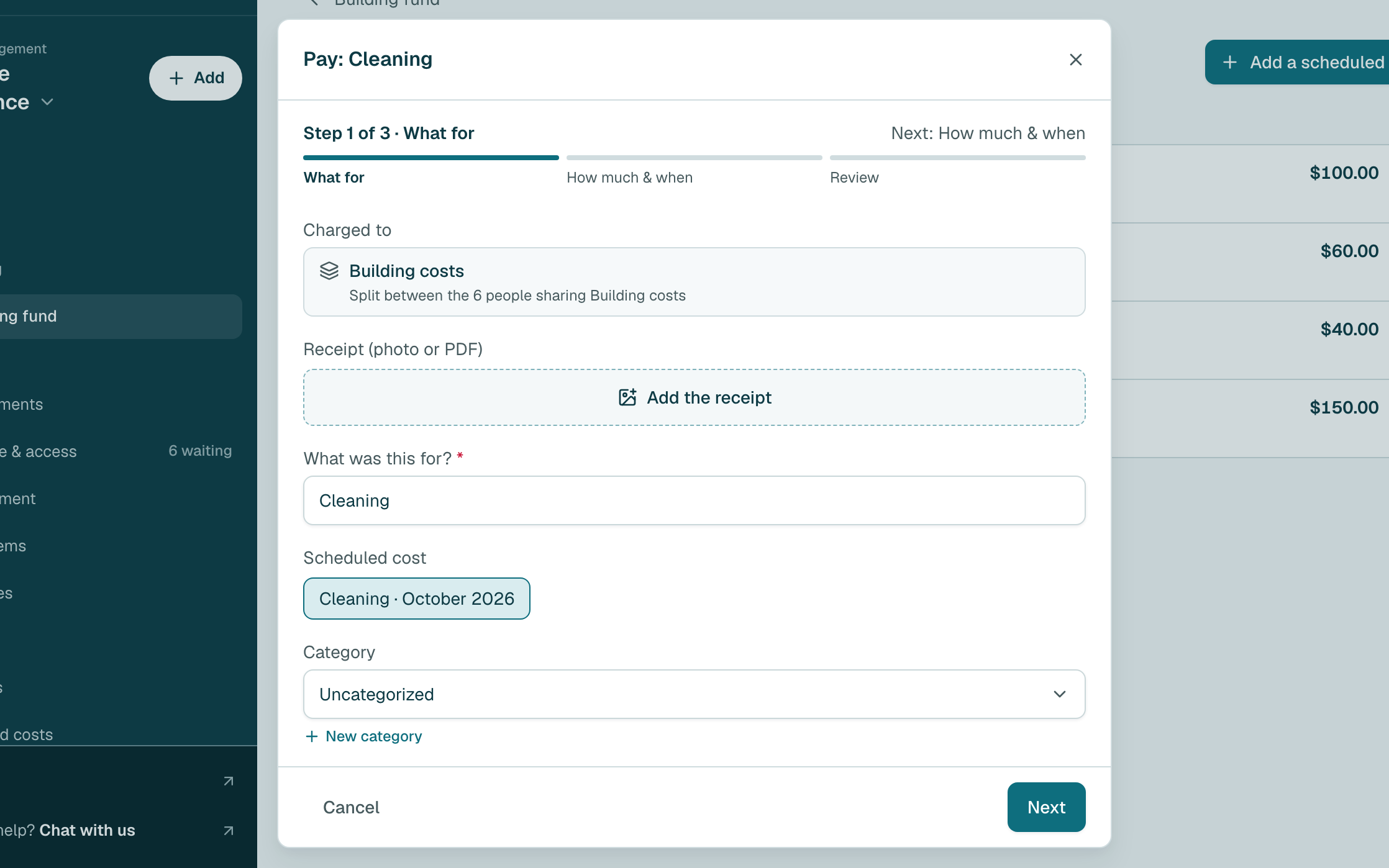 The form is filled in for you, and the cost is already charged to Building costs. Click Next.