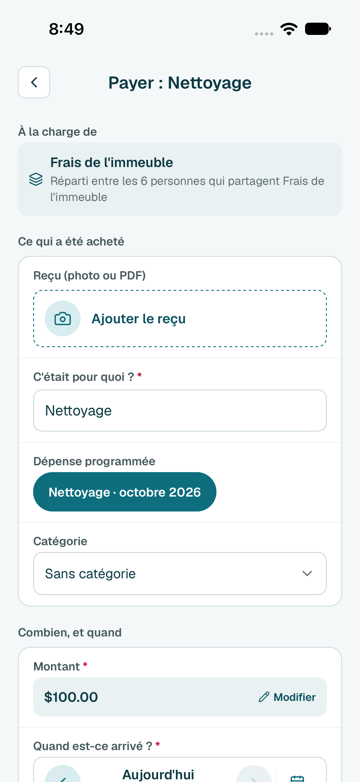 Le formulaire est déjà rempli, et la dépense est déjà à la charge de Frais de l'immeuble.