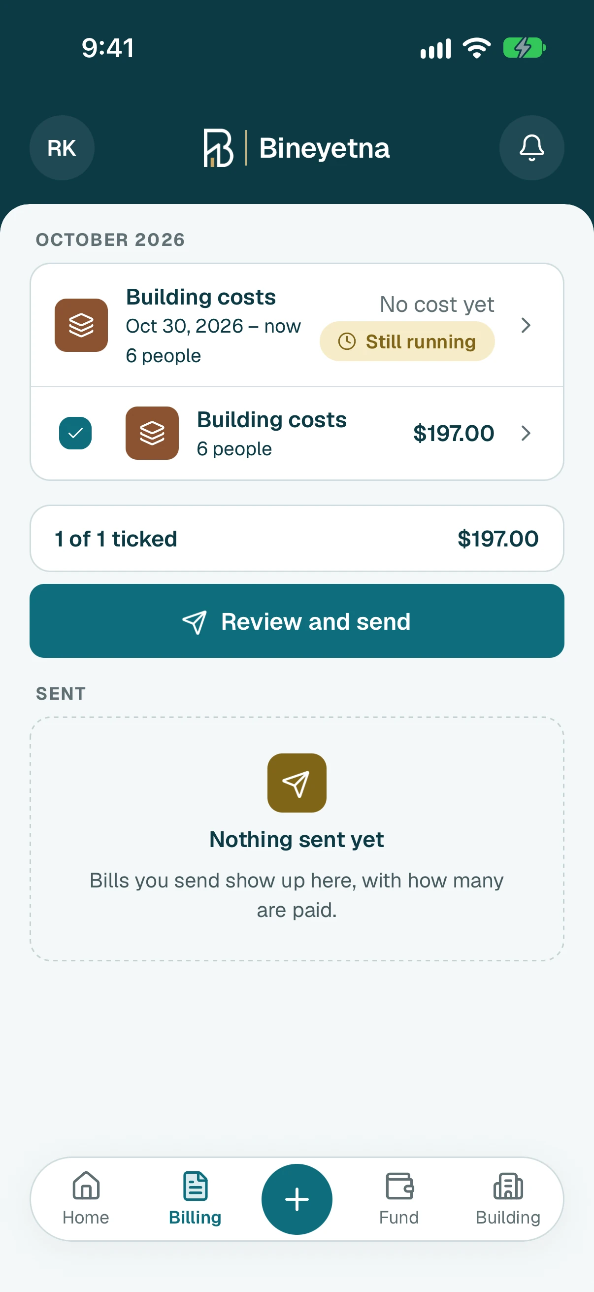 Check that Building costs is under Ready to send, then tap Review and send.