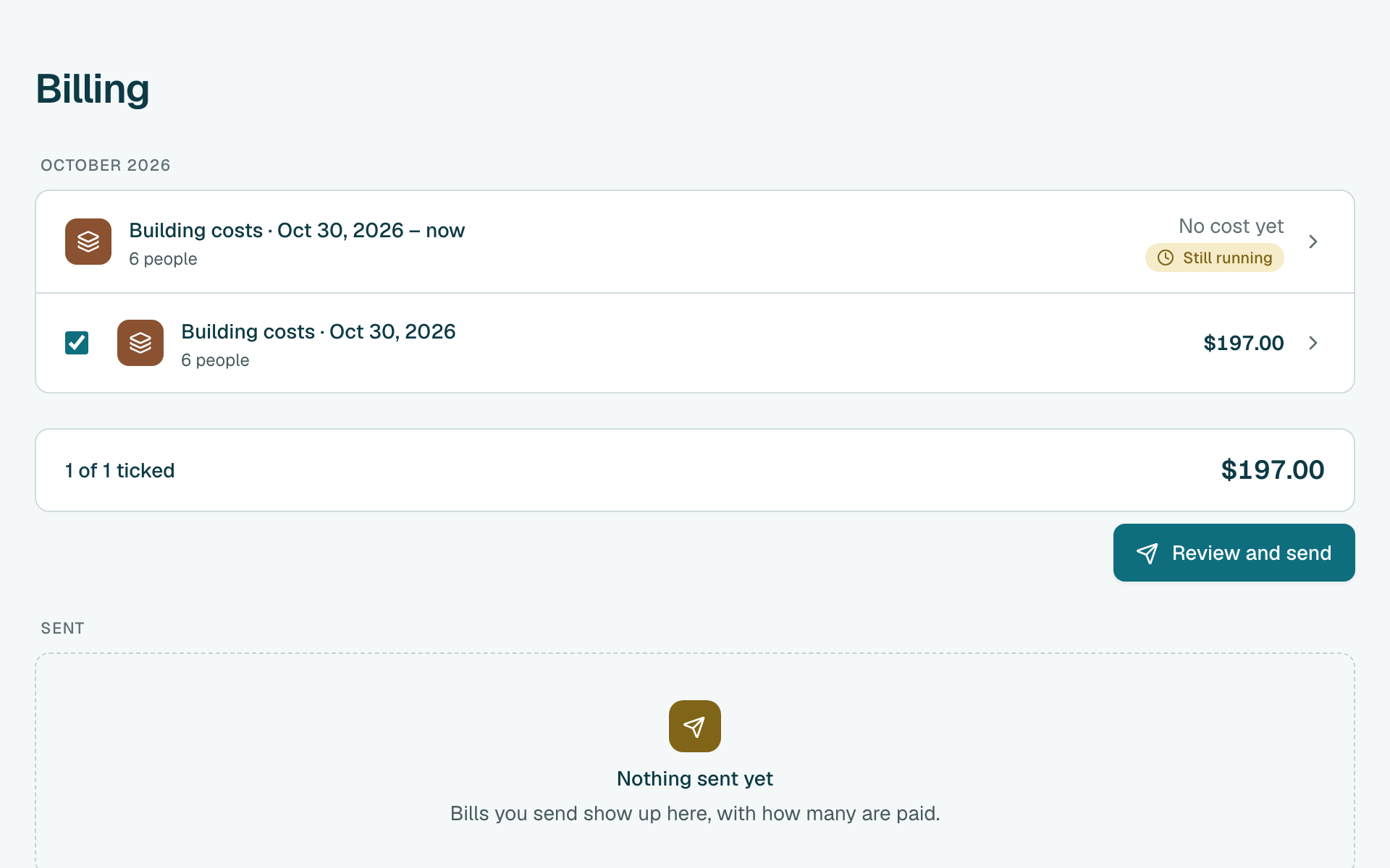 Check that Building costs is under Ready to send, then click Review and send.