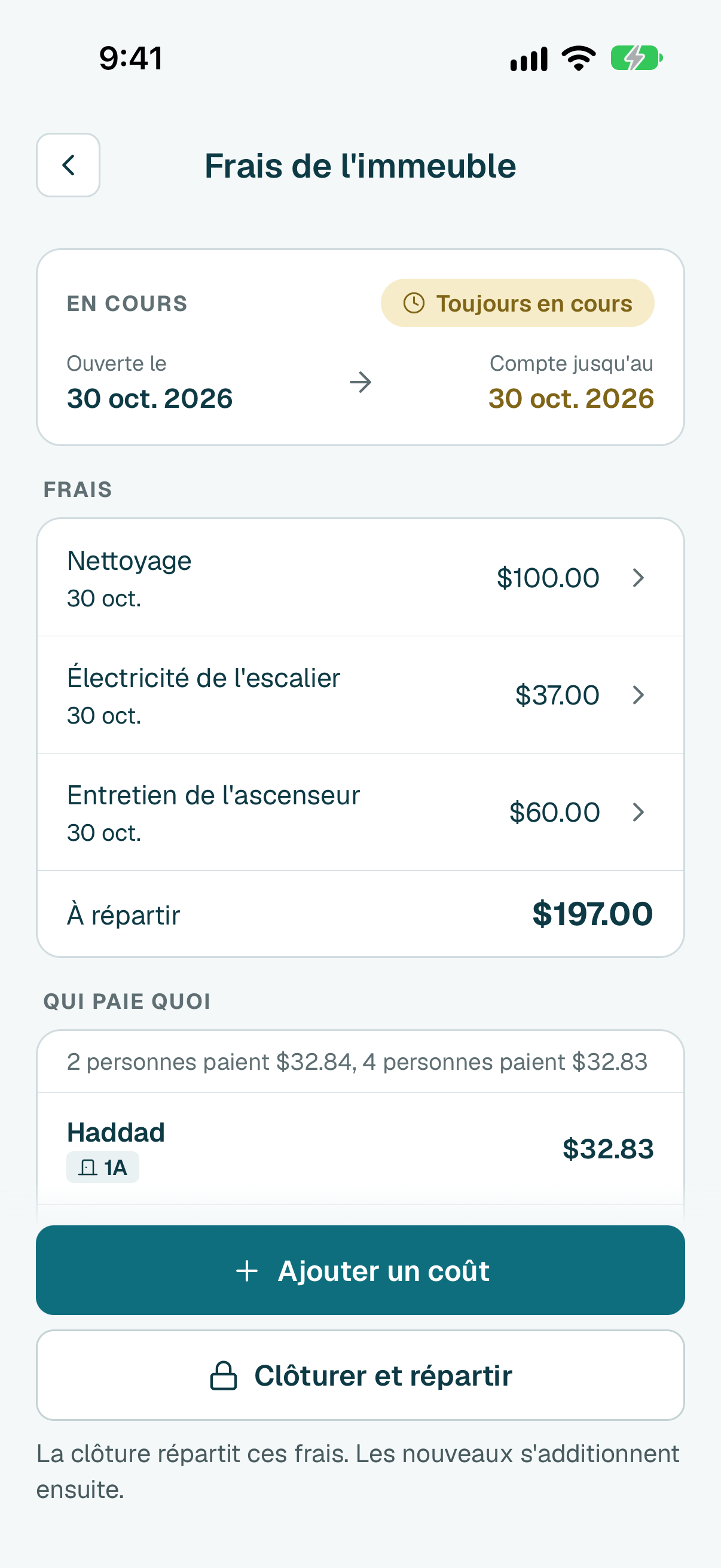 Le dernier jour du mois, touchez Clôturer et répartir en bas de l'écran, puis à nouveau Clôturer et répartir pour confirmer.