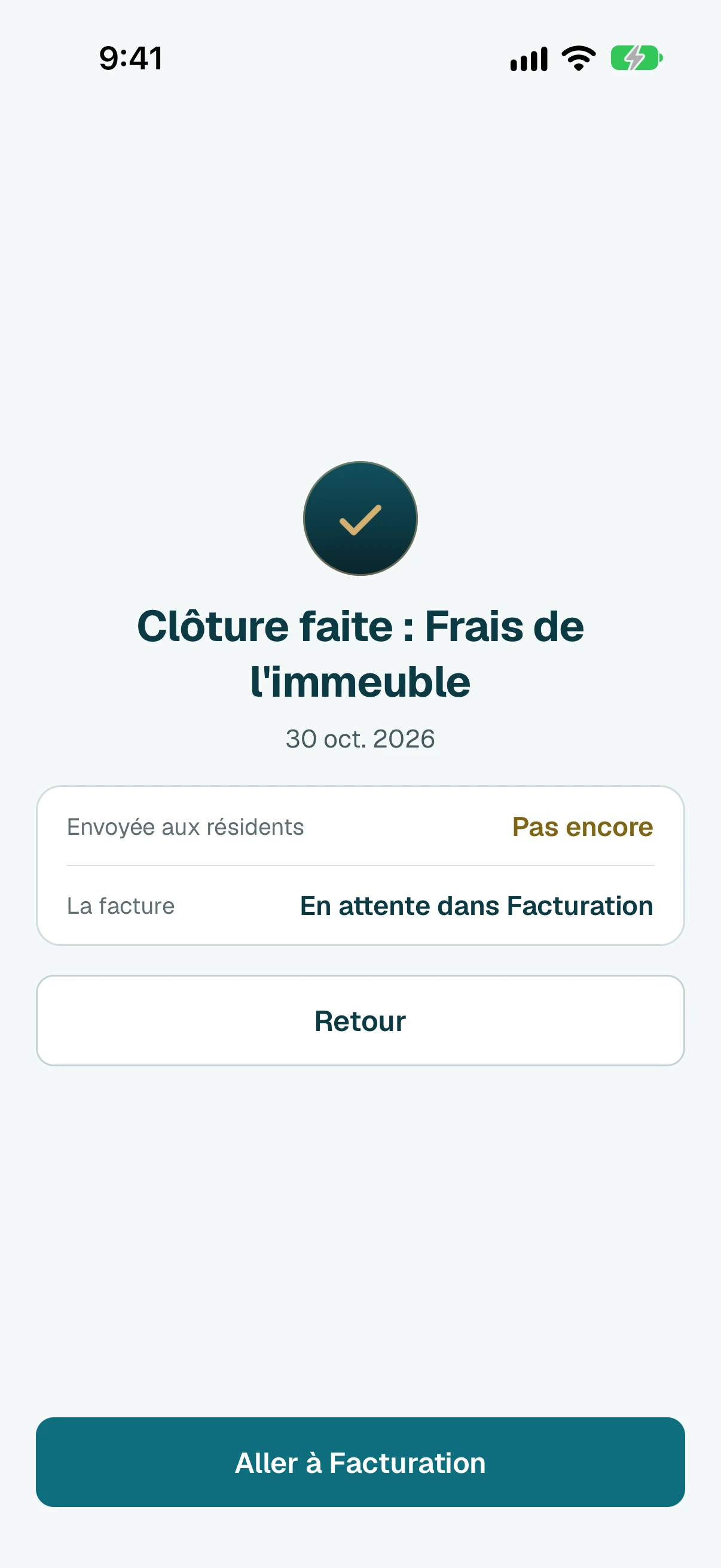 Rien n'est encore envoyé. Touchez Aller à Facturation.