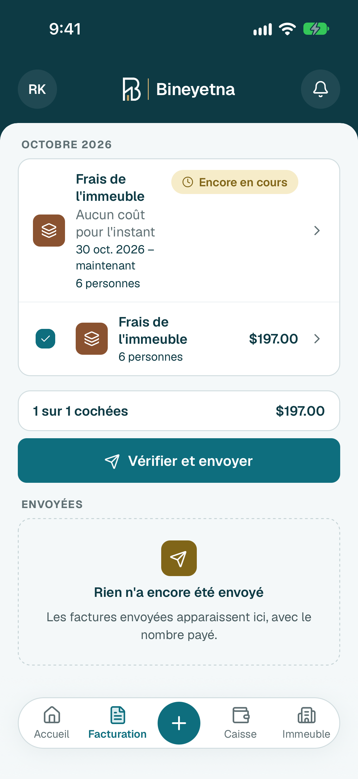 Vérifiez que Frais de l'immeuble est sous Prêt à envoyer, puis touchez Vérifier et envoyer.