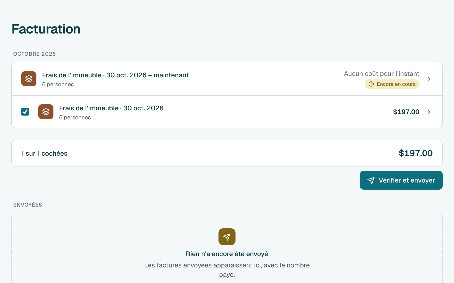 Vérifiez que Frais de l'immeuble est sous Prêt à envoyer, puis cliquez sur Vérifier et envoyer.