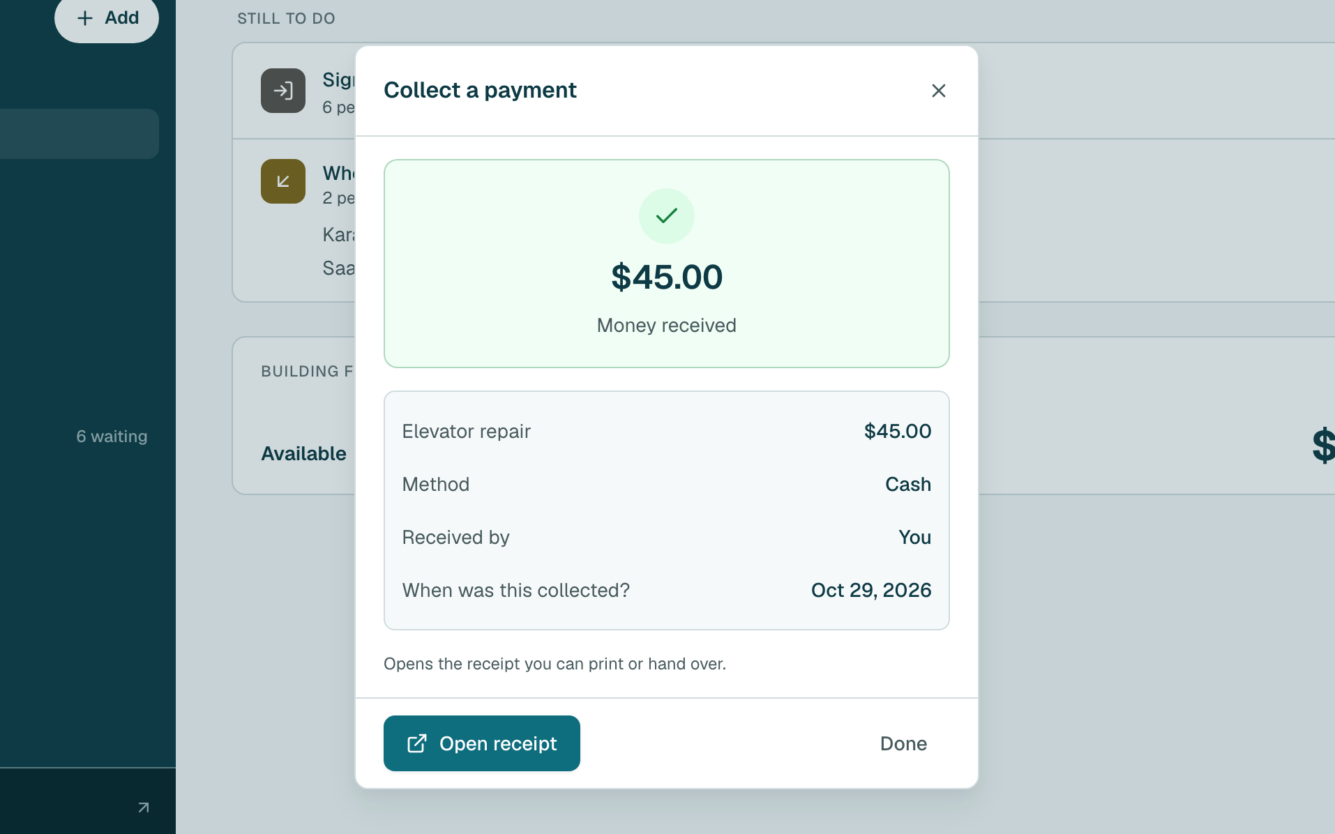Done. Click Open receipt to print or send their receipt, or Done to close.