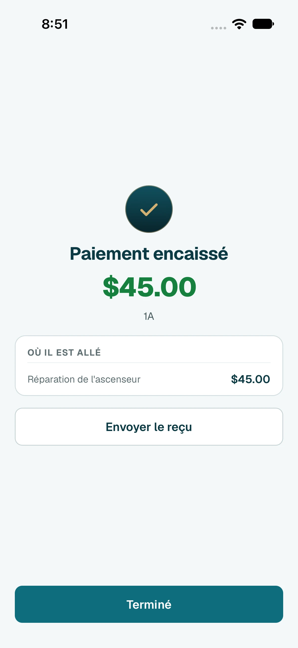 C'est fait. Touchez Envoyer le reçu pour lui envoyer son reçu.