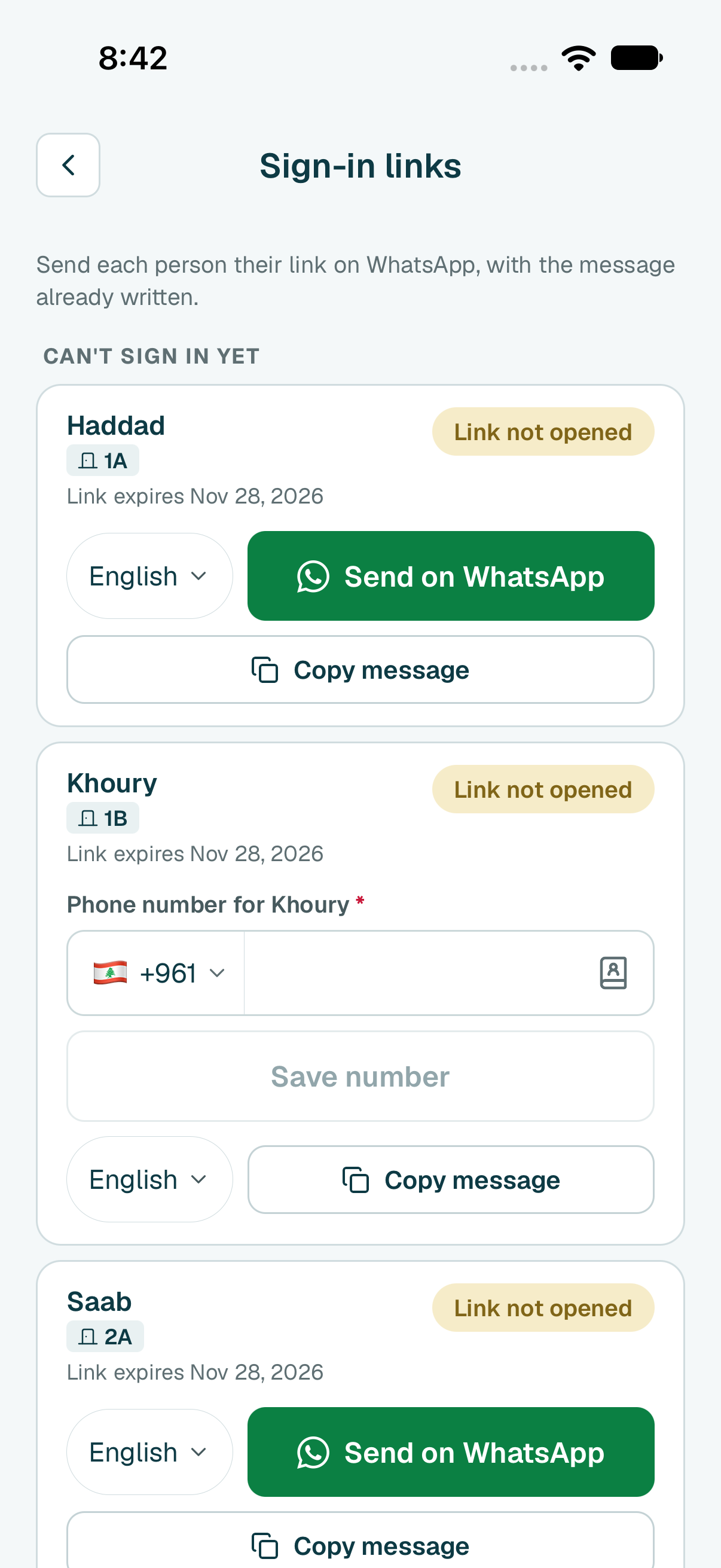 Next to the person, tap Send on WhatsApp. Pick the language of the message. WhatsApp opens their chat with the message already written. Send it.