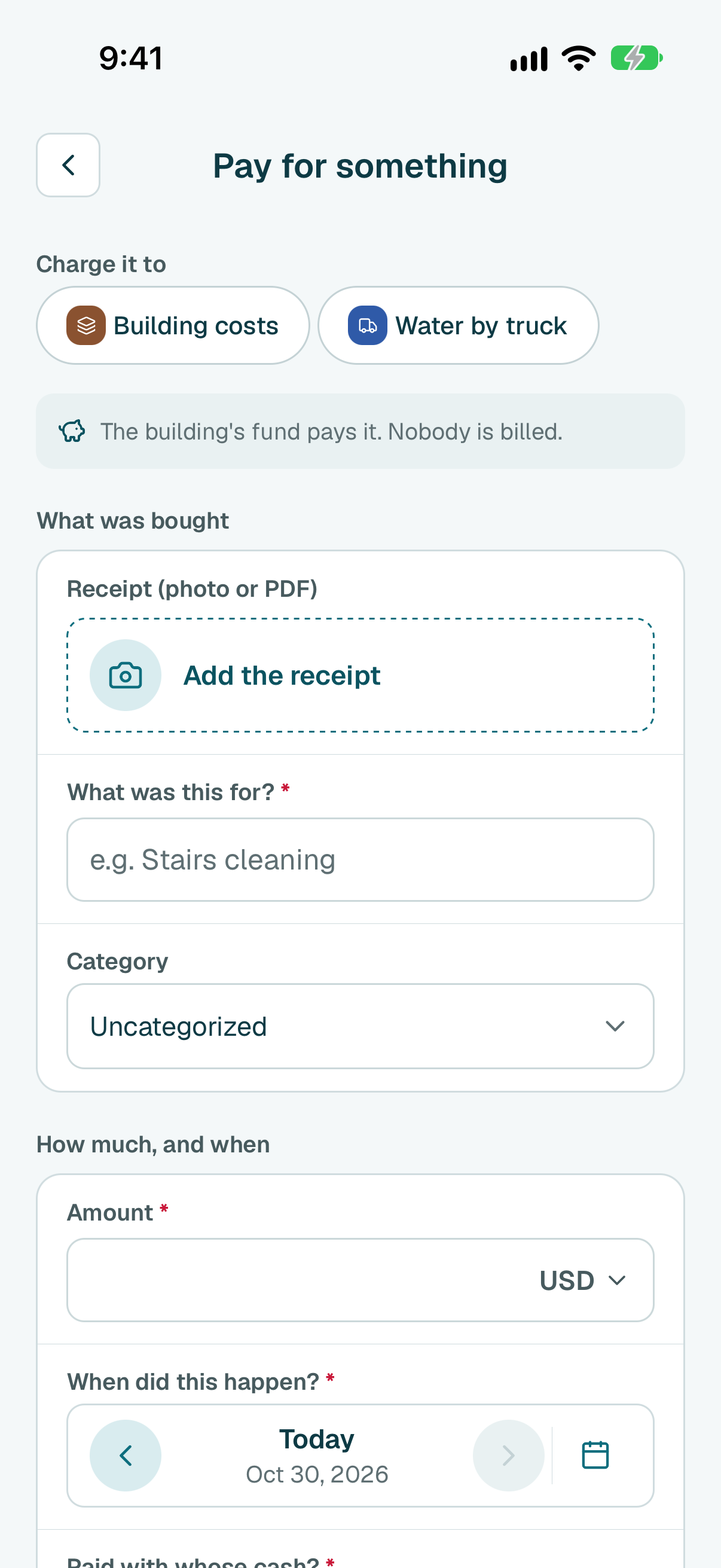 To keep the receipt, tap Add the receipt, then Take photo, Choose photo or Choose a PDF file. The app may fill in the details from it.