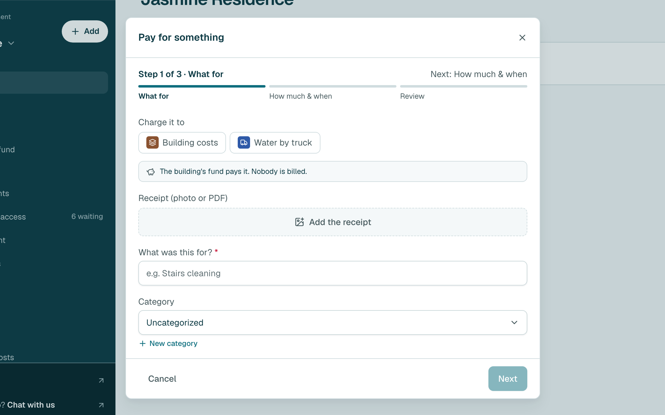 If you see Charge it to, leave it empty when the building's fund pays. Click a shared cost only if the people sharing it should split this cost, and click it again to clear it.
