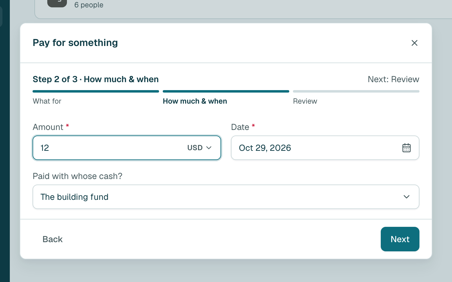 Type how much it cost. The date is already today; change it if it was paid another day. Then click Next.