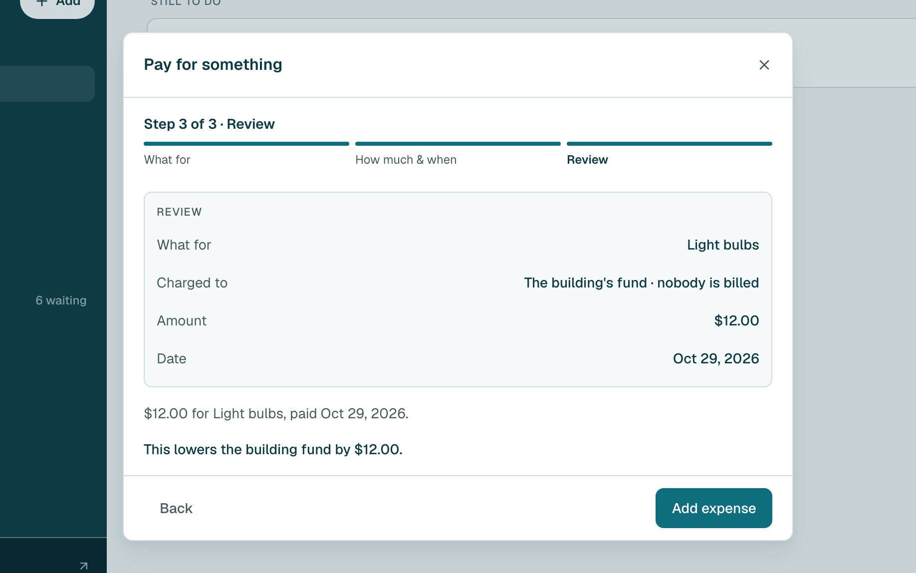 Check the summary, then click Add expense.
