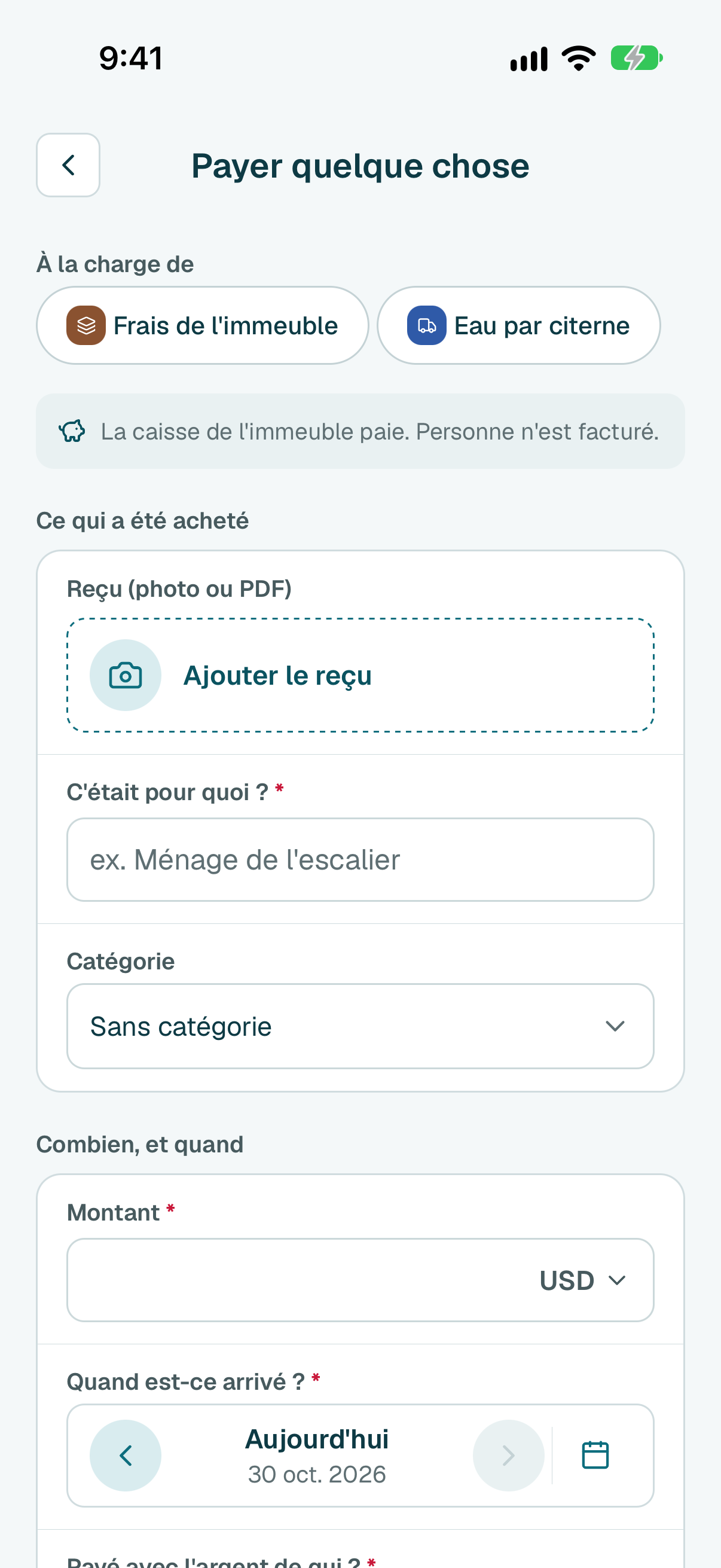 Si vous voyez À la charge de, laissez vide quand la caisse de l'immeuble paie. Touchez un frais partagé seulement si ceux qui le partagent doivent se répartir cette dépense, et touchez-le encore pour l'enlever.