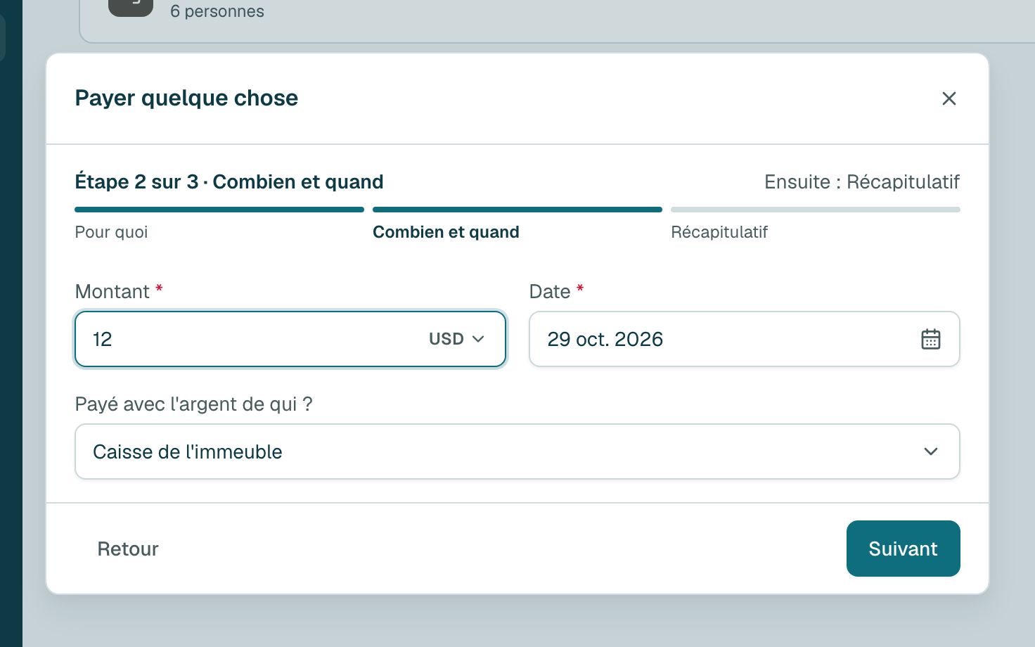 Saisissez combien elle a coûté. La date est déjà celle d'aujourd'hui. Changez-la si la dépense a été payée un autre jour. Puis cliquez sur Suivant.