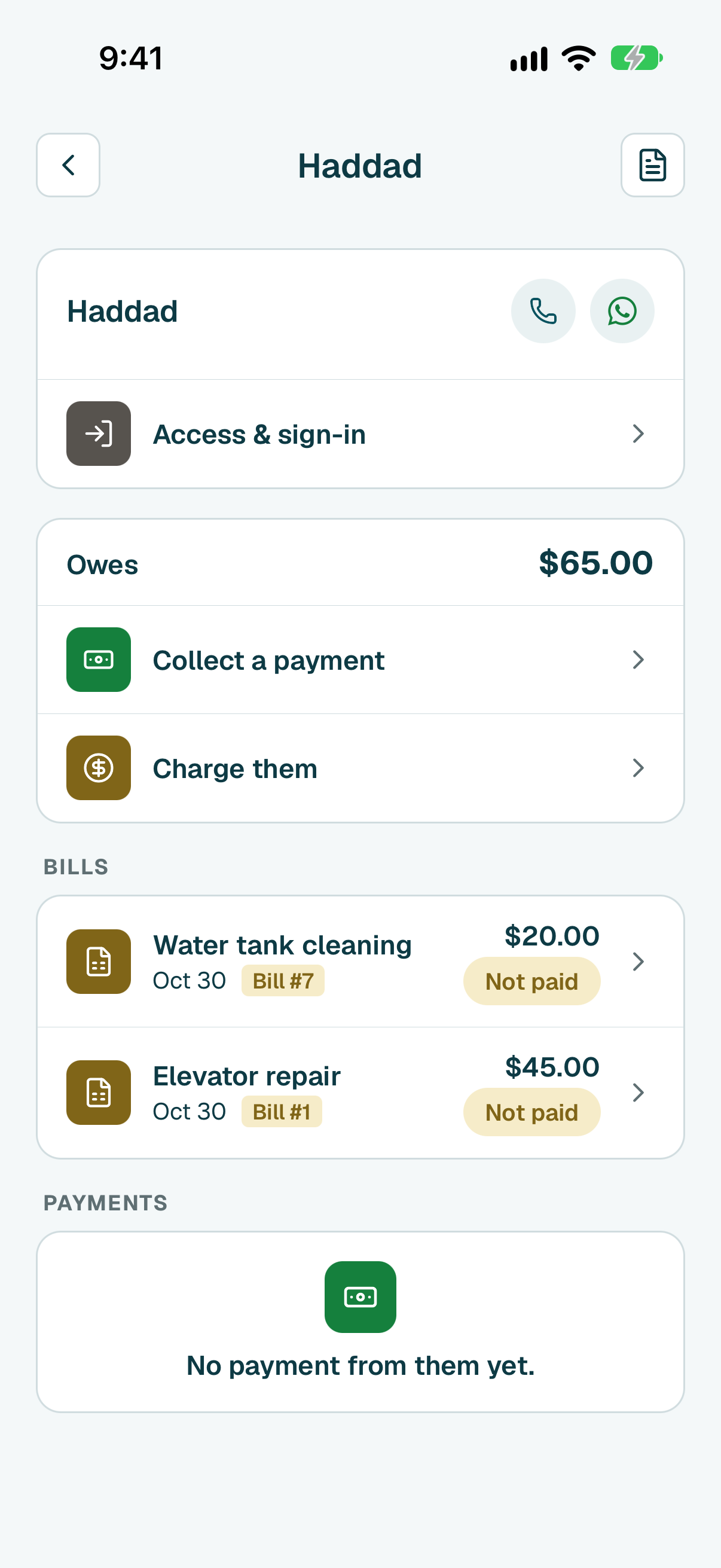 Their page shows what they owe and their bills. Tap a bill marked Not paid or Part paid.