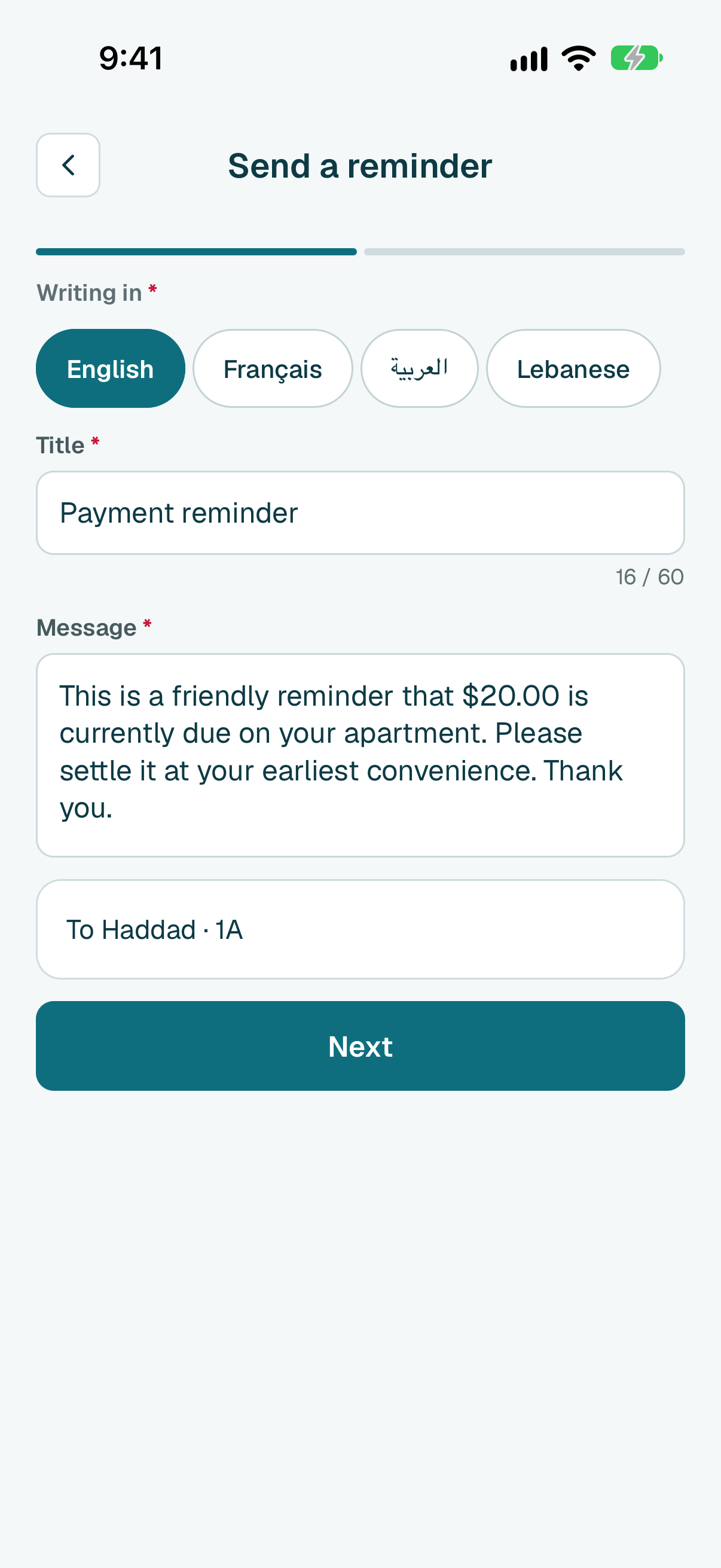 The reminder is already written, with the amount. Change it if you like, then tap Next.