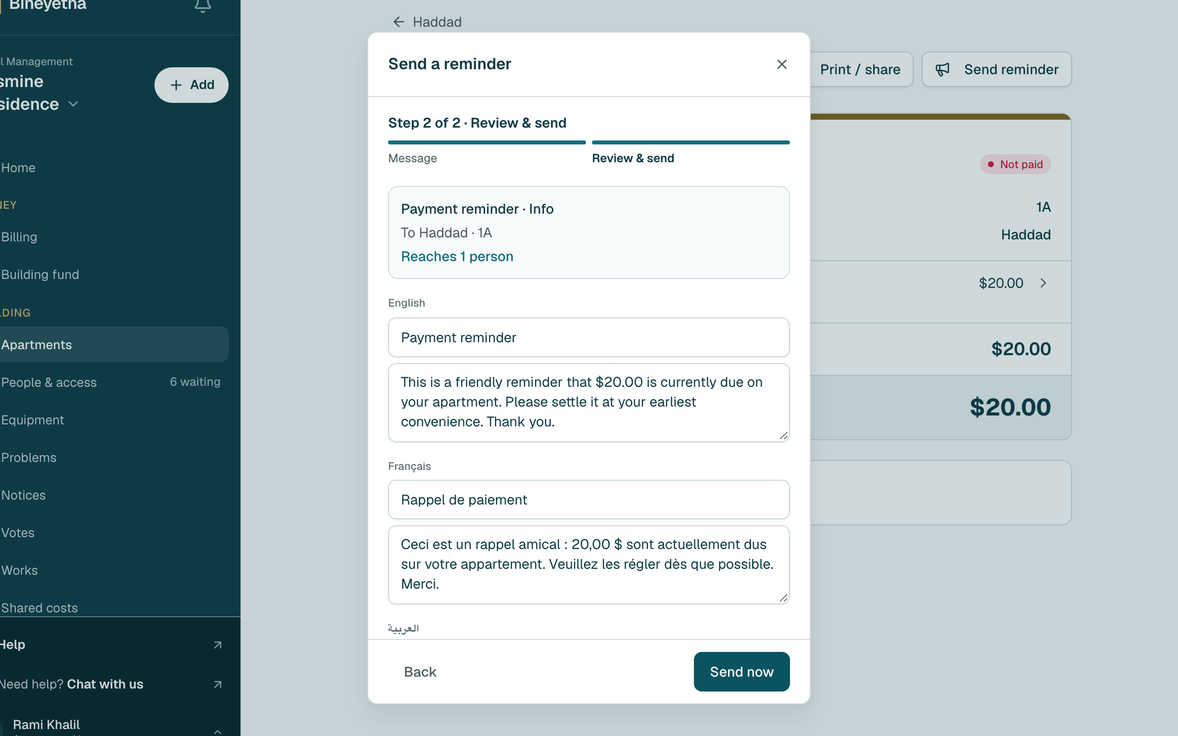 Check it, then click Send now. They get it in the app, in their own language.