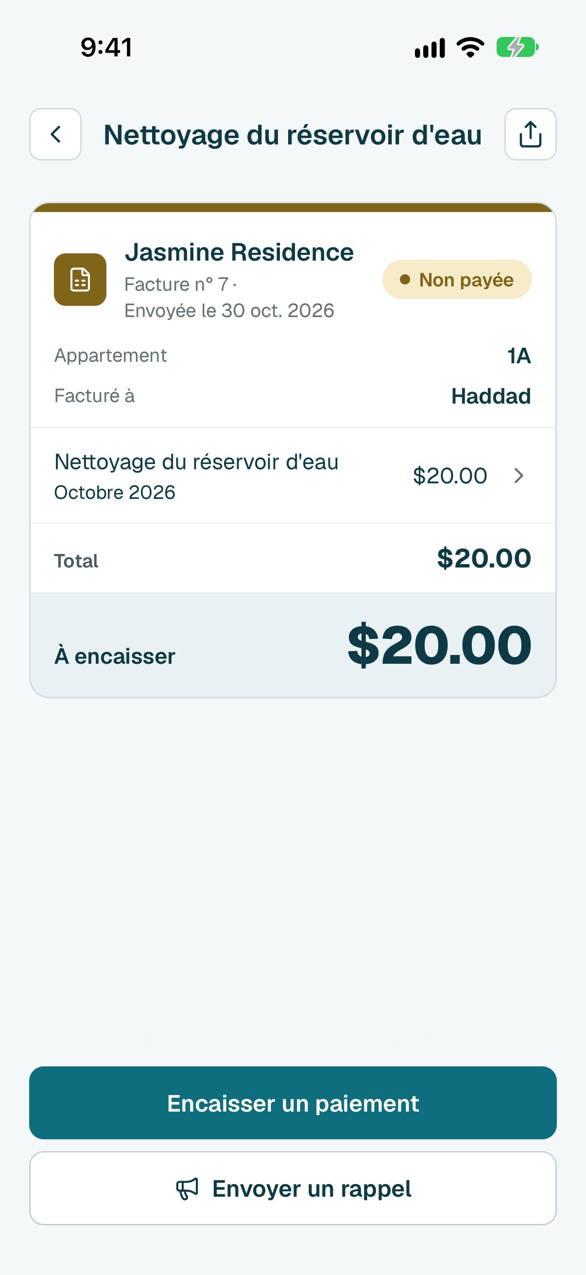 Touchez Envoyer un rappel, en bas de la facture.