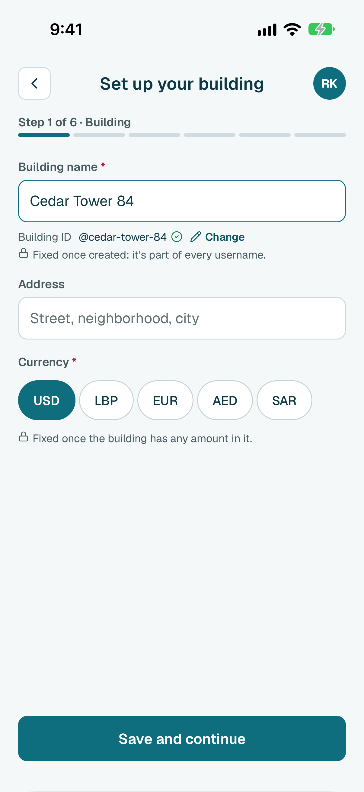 Type your building's name and choose its currency. Then tap Save and continue.