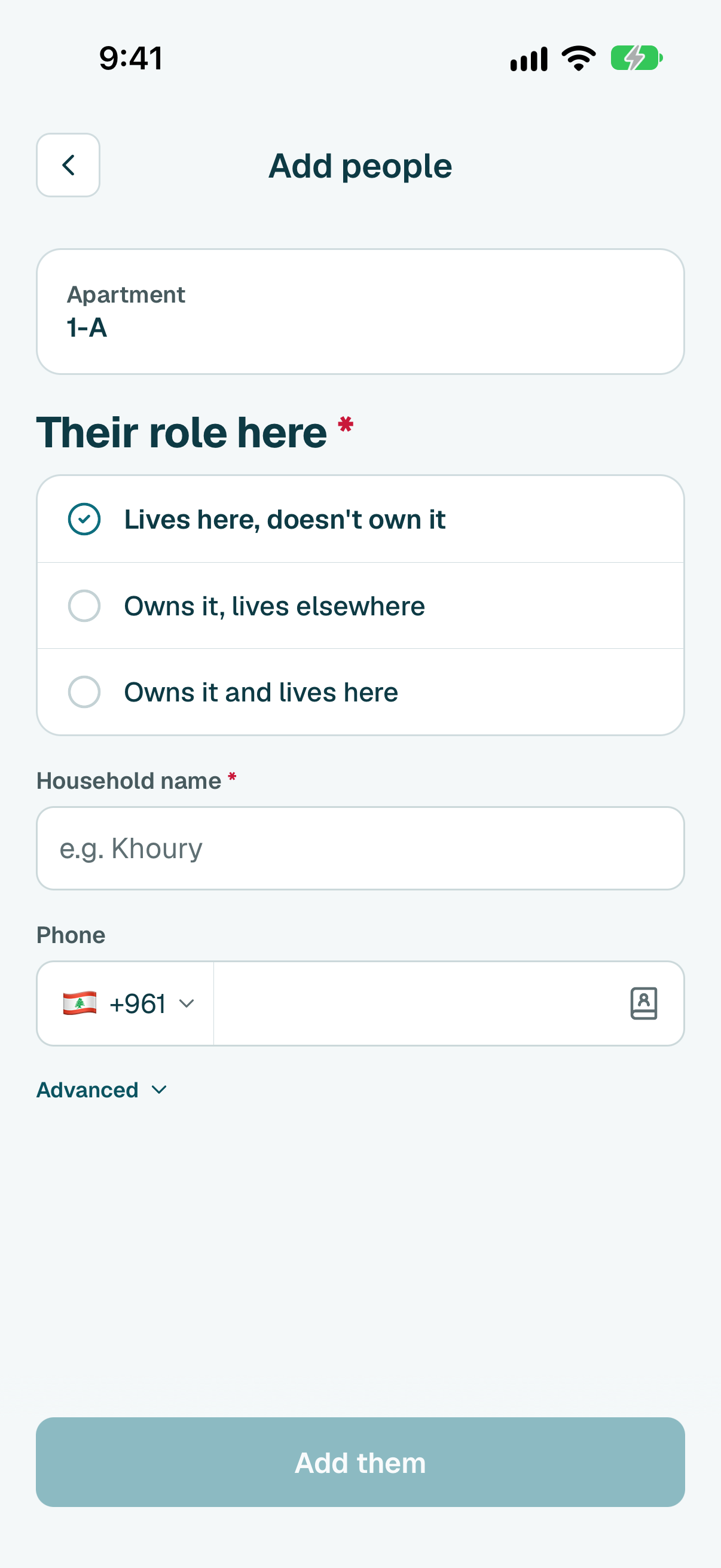 Pick one: Lives here, doesn't own it, Owns it, lives elsewhere or Owns it and lives here.