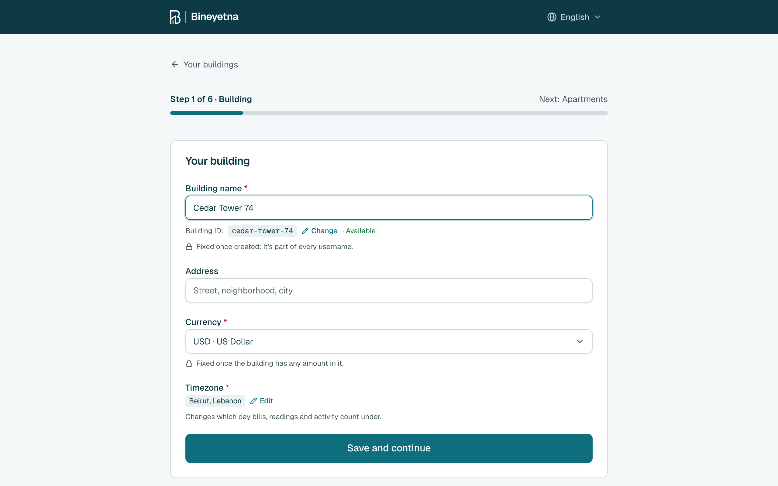 Type your building's name and check its currency. Then click Save and continue.