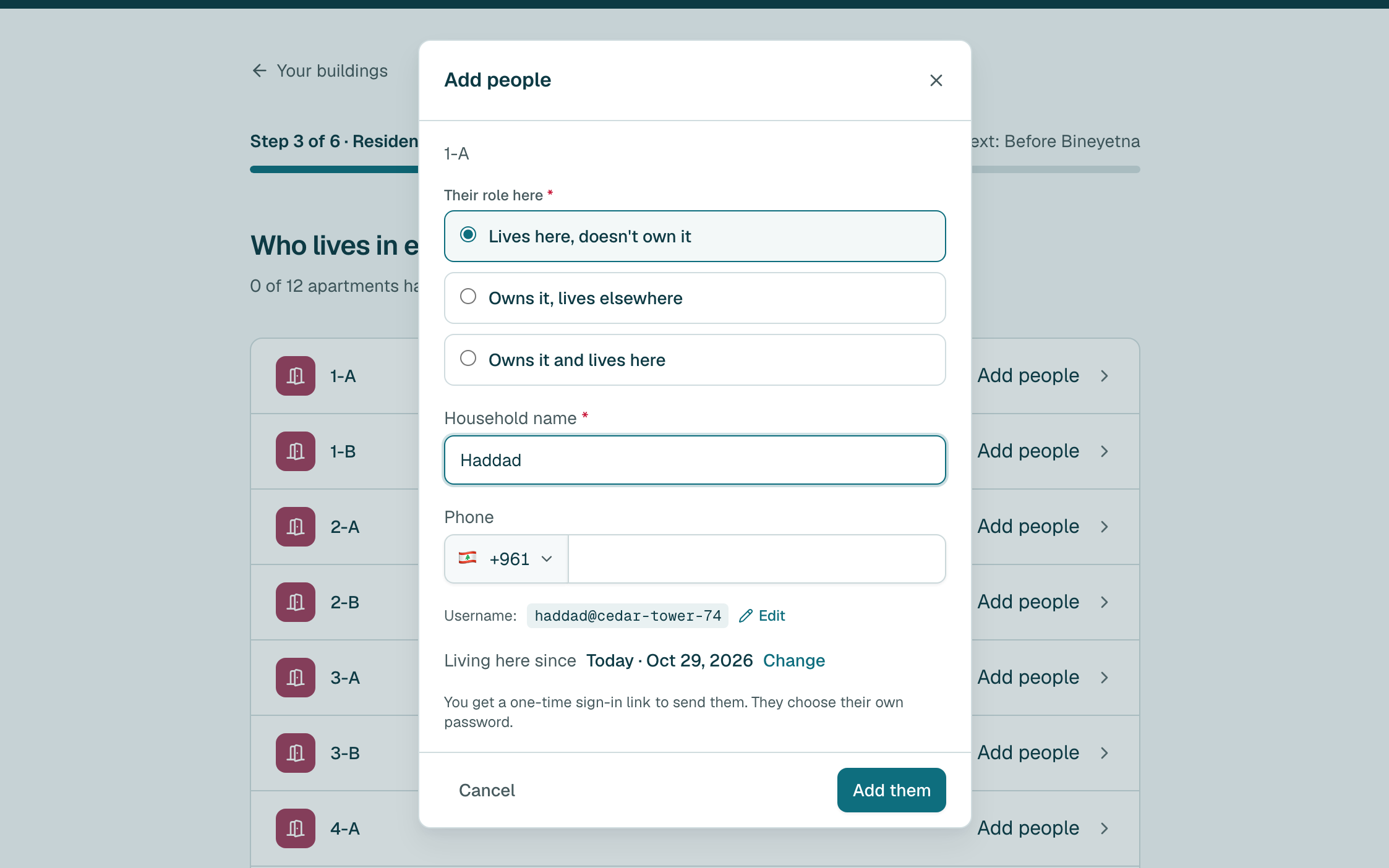Type their name and phone, then click Add them. You can send them their sign-in link now, or later.