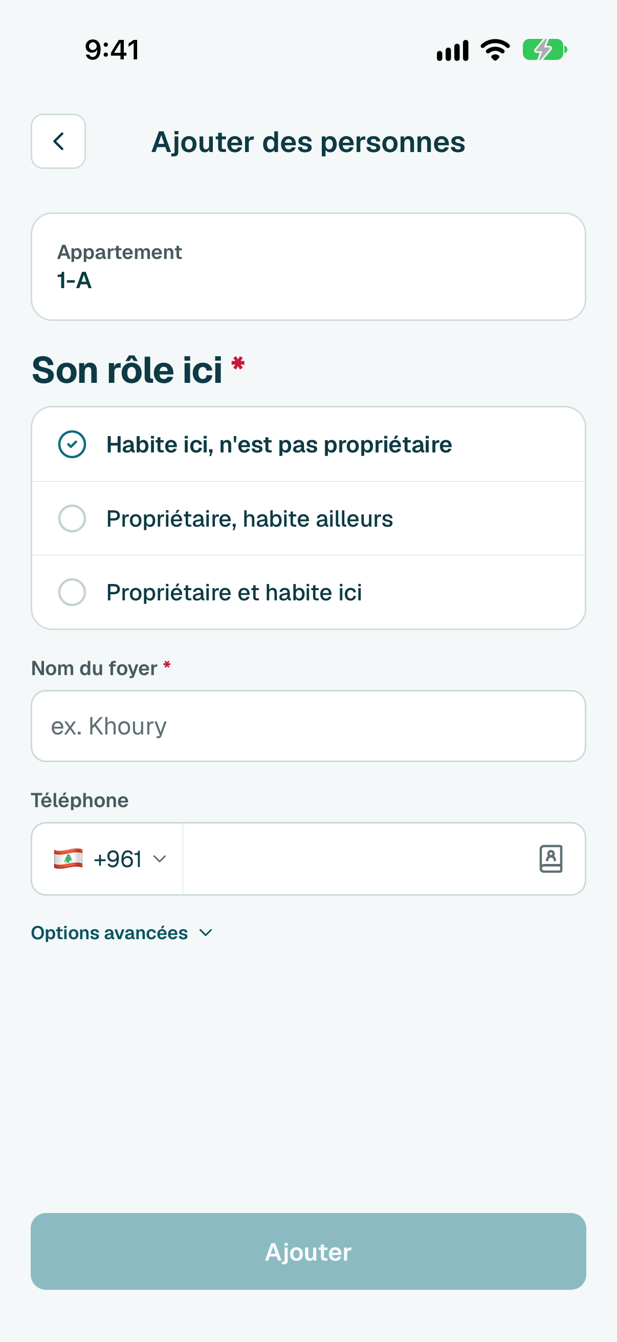 Choisissez une réponse : Habite ici, n'est pas propriétaire, Propriétaire, habite ailleurs ou Propriétaire et habite ici.